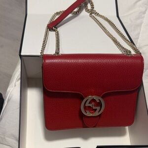 Gucci Red Pebbled Leather GG Chain Crossbody Bag